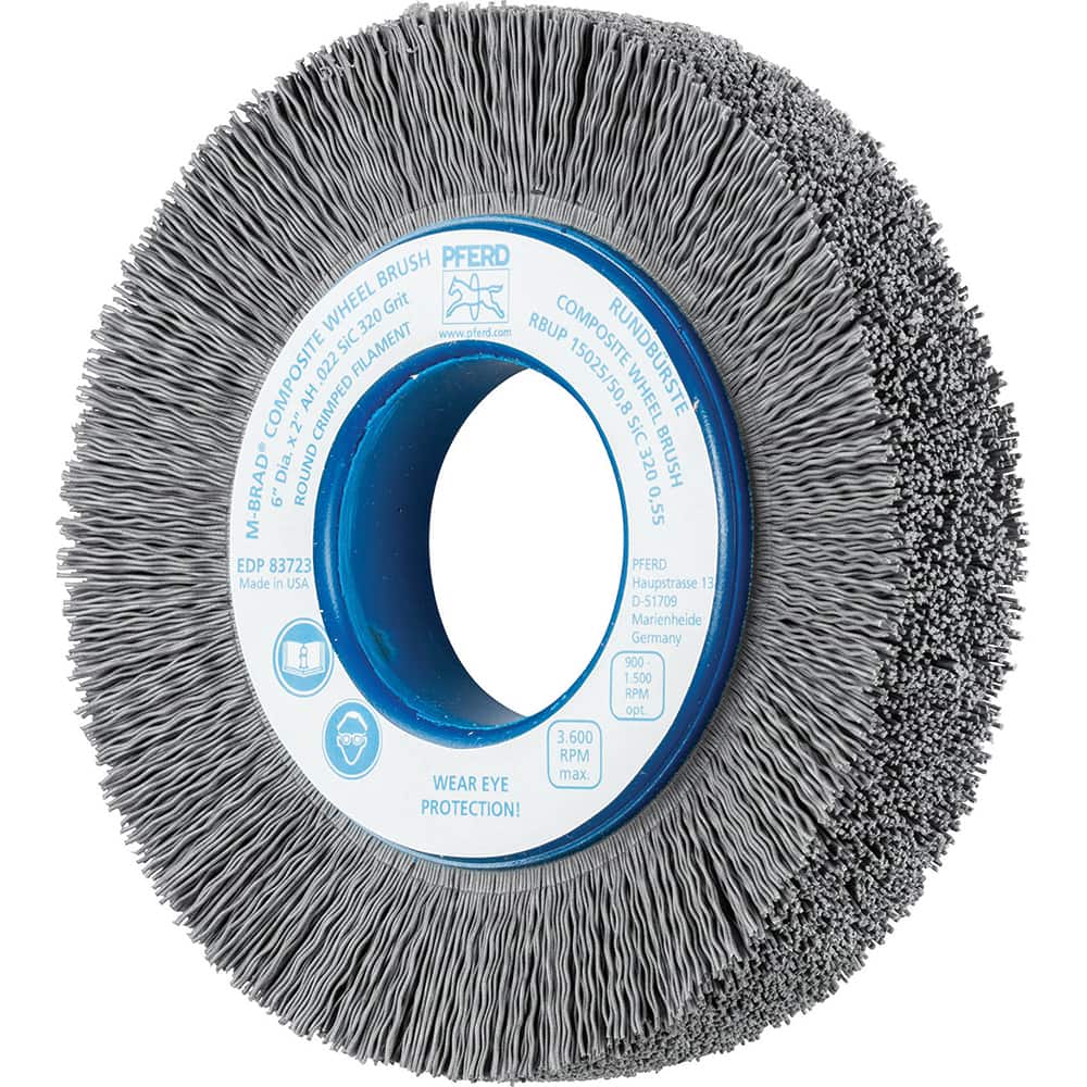 PFERD - Wheel Brushes; Outside Diameter (Inch): 6 ; Wire Type: Crimped; Round ; Fill Material: Nylon; Silicon Carbide ; Trim Length (Inch): 1-1/4 ; Filament Wire Diameter Range: 0.0200-0.0299 ; Maximum RPM: 3600.000 - Exact Tooling