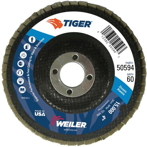 4″ Tiger Disc Abrasive Flap Disc, Angled, Phenolic Backing, 60Z, 5/8″ Arbor Hole - Exact Tooling