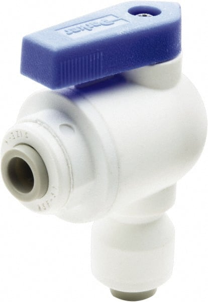 Parker - 1/4" Pipe, Full Port, Polypropylene Valve Elbow Union Ball Valve - Bi-Directional, Push-to-Connect x Push-to-Connect Ends, Wedge Handle, 150 WOG - Exact Tooling