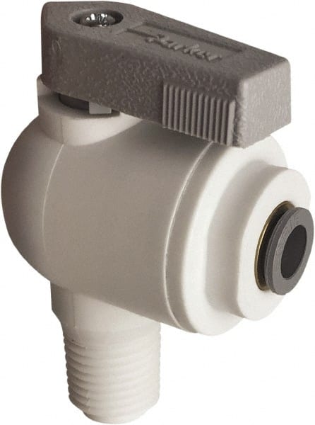 Parker - 1/2" Pipe, Full Port, Polypropylene Valve Male Elbow Ball Valve - Bi-Directional, MNPT x Push-to-Connect Ends, Wedge Handle, 150 WOG - Exact Tooling