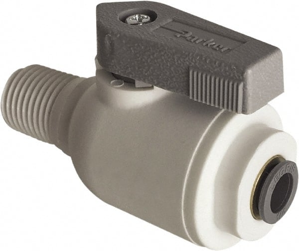 Parker - 3/8" Pipe, Full Port, Polypropylene Valve Male Connector Ball Valve - Bi-Directional, MNPT x Push-to-Connect Ends, Wedge Handle, 150 WOG - Exact Tooling