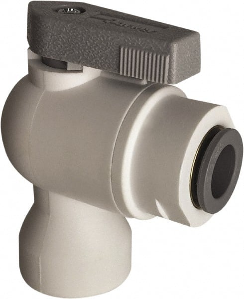 Parker - 1/4" Pipe, Full Port, Polypropylene Valve Female Elbow Ball Valve - Bi-Directional, Push-to-Connect x FNPT Ends, Wedge Handle, 150 WOG - Exact Tooling