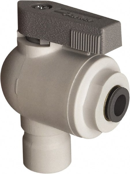 Parker - 3/8 x 1/4" Pipe, Full Port, Polypropylene Valve Elbow Union Ball Valve - Bi-Directional, Push-to-Connect x Push-to-Connect Ends, Wedge Handle, 150 WOG - Exact Tooling
