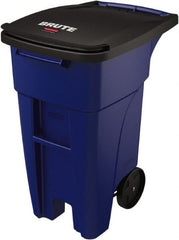 Rubbermaid - 32 Gal Blue Rectangle Trash Can - Plastic, None Graphic, 37.16" High x 20.62" Wide, Lid Included - Exact Tooling
