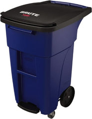 Rubbermaid - 32 Gal Blue Rectangle Trash Can - Plastic, None Graphic, 37.16" High x 20.62" Wide, Lid Included - Exact Tooling