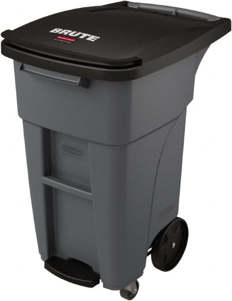 Rubbermaid - 32 Gal Gray Rectangle Trash Can - Plastic, None Graphic, 37.16" High x 20.62" Wide, Lid Included - Exact Tooling