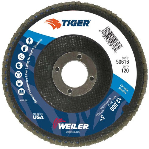 5″ Tiger Disc Abrasive Flap Disc, Angled, Phenolic Backing, 120Z, 7/8″ Arbor Hole - Exact Tooling