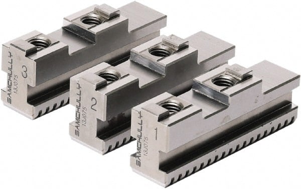 Samchully - 165mm Max Chuck Capacity, Tongue & Groove Interface, Square Soft Lathe Chuck Jaw - 3 Jaw, Steel, 32mm Btw Mount Hole Ctrs, 65mm Long, 20mm Wide, 30mm High - Exact Tooling