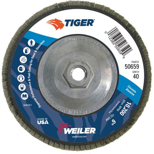 6″ Tiger Disc Abrasive Flap Disc, Angled, Phenolic Backing, 40Z, 5/8″-11 UNC Nut - Exact Tooling