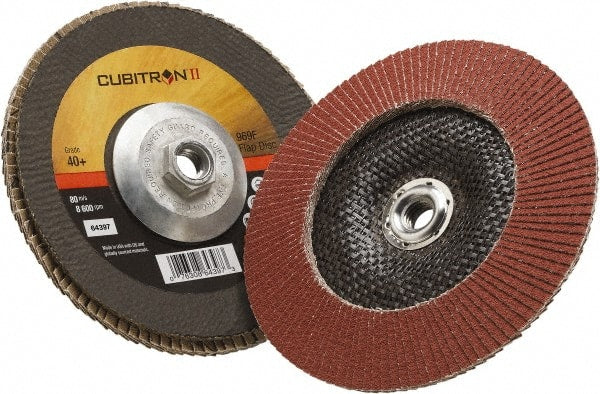 3M - 40 Grit, 7" Disc Diam, 5/8-11 Center Hole, Type 29 Ceramic Flap Disc - 8,500 Max RPM, Polyester Backing, Arbor Attaching System, Coated - Exact Tooling