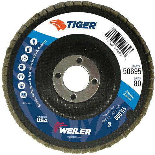 4″ Tiger Disc Abrasive Flap Disc, Flat, Phenolic Backing, 80Z, 5/8″ Arbor Hole - Exact Tooling
