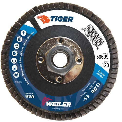 4-1/2″ Tiger Disc Abrasive Flap Disc, Flat, Phenolic Backing, 120Z, 5/8″-11 UNC Nut - Exact Tooling