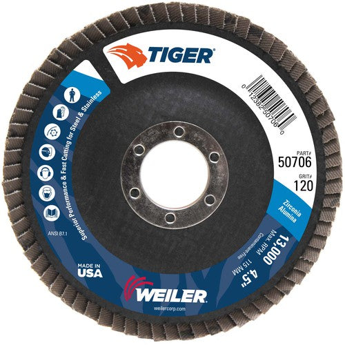 4-1/2″ Tiger Disc Abrasive Flap Disc, Flat, Phenolic Backing, 120Z, 7/8″ Arbor Hole - Exact Tooling