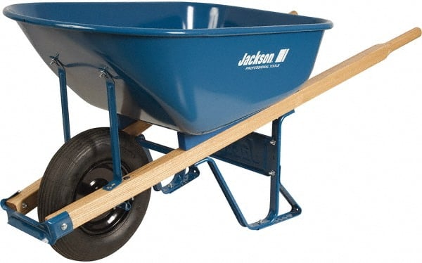 Jackson Professional Tools - 6 Cu Ft Capacity Wheelbarrow with 16" Pneumatic Wheel - Wood Handle, 58-3/4" Long x 25-1/2" Wide x 27" High, Blue - Exact Tooling