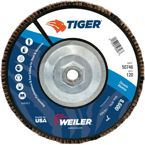 7″ Tiger Disc Abrasive Flap Disc, Flat, Phenolic Backing, 120Z, 5/8″-11 UNC Nut - Exact Tooling
