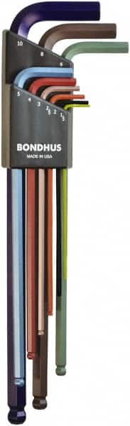 Bondhus - 9 Piece L-Key Ball End Hex Key Set - Hex Range 1.5 to 10mm, 8.4" OAL - Exact Tooling