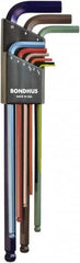 Bondhus - 9 Piece L-Key Ball End Hex Key Set - Hex Range 1.5 to 10mm, 8.4" OAL - Exact Tooling