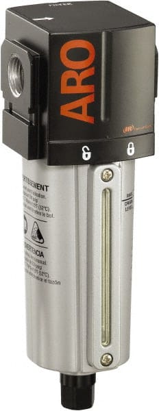 ARO/Ingersoll-Rand - 3/8" Port, 7.913" High x 2.874" Wide Standard Filter with Metal Bowl, Automatic Drain - 156 SCFM, 250 Max psi, 175°F Max Temp, Sight Glass Included, Modular Connection, 2.8 oz Bowl Capacity - Exact Tooling