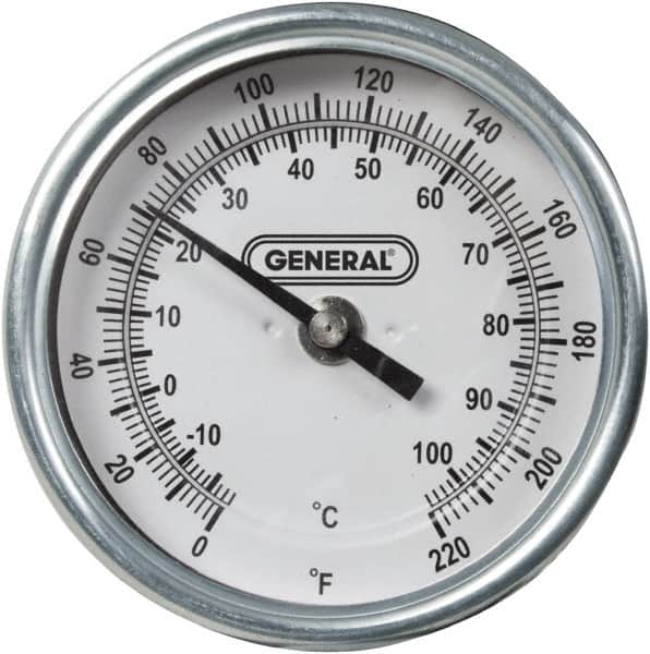 General - 36 Inch Long Stem, 3 Inch Dial Diameter, Back Connected Bi-Metal Thermometer - 220°Fahrenheit - Exact Tooling
