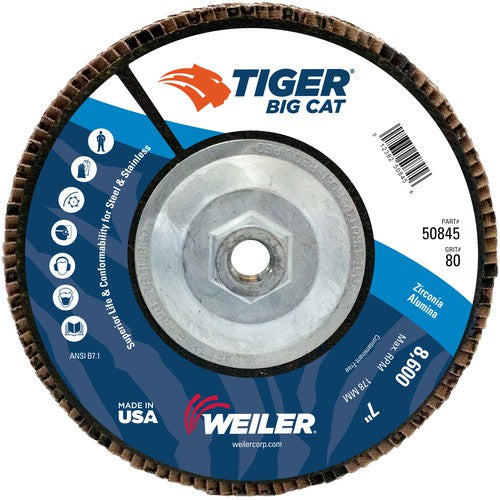 7″ Big Cat Abrasive Flap Disc, Flat, Phenolic Backing, 80Z, 5/8″-11 UNC Nut - Exact Tooling