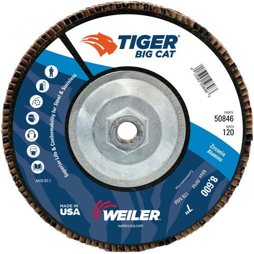 7″ Big Cat Abrasive Flap Disc, Flat, Phenolic Backing, 120Z, 5/8″-11 UNC Nut - Exact Tooling