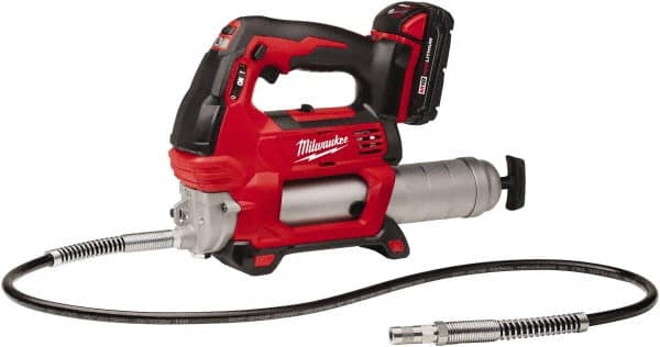 Milwaukee Tool - 10,000 Max psi, Flexible Battery-Operated Grease Gun - 14 oz Capacity, 31 Strokes per oz, Includes Grease Gun, Gauge Hose Assembly, Coupler, 18 V Rechargeable Battery, 30-Minute Charger, Carrying Case & Carrying Strip - Exact Tooling