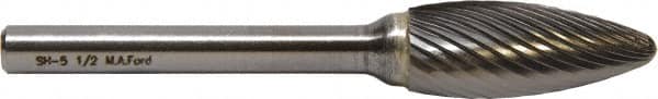 M.A. Ford - 16mm Cut Diam, 6mm Shank Diam, Flame Head Single Cut Burr - Carbide, Radius End, 36mm LOC, 81mm OAL - Exact Tooling
