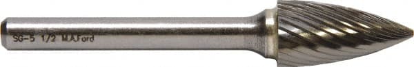 M.A. Ford - 1/2" Cut Diam, 6mm Shank Diam, Tree Head Double Cut Burr - Carbide, Point End, 19mm LOC, 64mm OAL - Exact Tooling