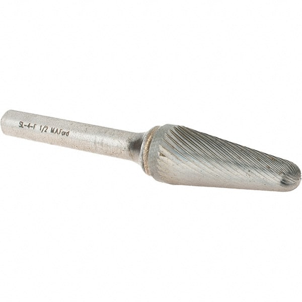 M.A. Ford - 1/2" Cut Diam, 1/4" Shank Diam, Cylinder with Radius Head Double Cut Burr - Carbide, Radius End, 1-3/16" LOC, 3-1/4" OAL - Exact Tooling