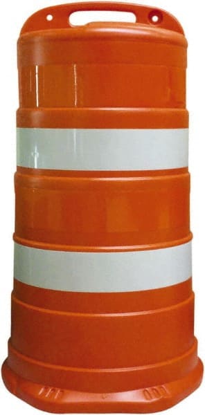 PRO-SAFE - 41.27" High x 23" Wide Reflective Round Barrel - Plastic, 12.4 Lbs, White/Orange - Exact Tooling