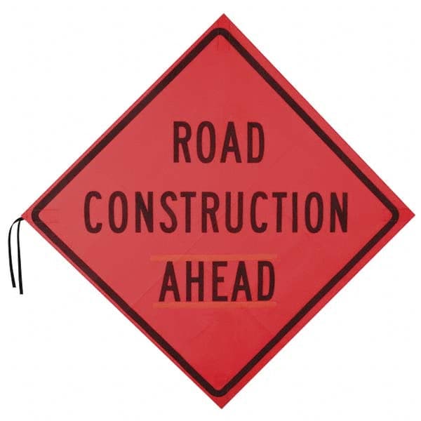 PRO-SAFE - "Road Construction Ahead", 48" Wide x 48" High, Nylon Construction Roadway Signs - Orange, Square, Sign Stand Mount - Exact Tooling