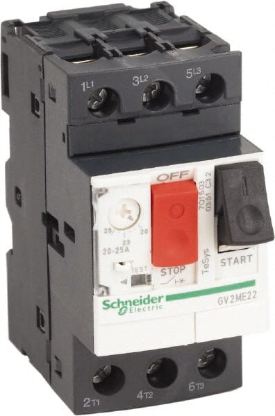 Schneider Electric - 25 Amp, 690 VAC at 50/60 Hz, 3 Pole, Bolt On, Clip Motor Circuit Breaker - Thermal Magnetic Trip, Multiple Breaking Capacity Ratings, 78mm Deep x 89mm High x 45mm Wide - Exact Tooling