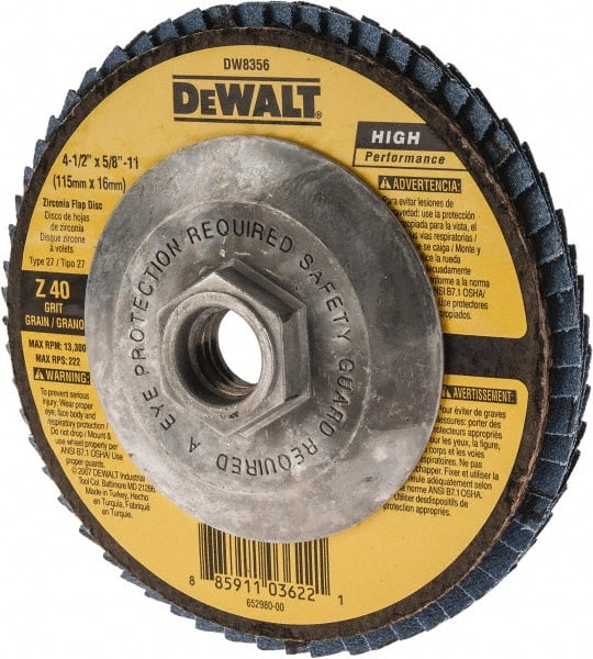 DeWALT - 40 Grit, 4-1/2" Disc Diam, 5/8-11 Center Hole, Type 27 Zirconia Alumina Flap Disc - 13,300 Max RPM, Fiberglass Backing, Arbor Attaching System, Coated - Exact Tooling