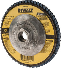 DeWALT - 40 Grit, 4-1/2" Disc Diam, 5/8-11 Center Hole, Type 27 Zirconia Alumina Flap Disc - 13,300 Max RPM, Fiberglass Backing, Arbor Attaching System, Coated - Exact Tooling