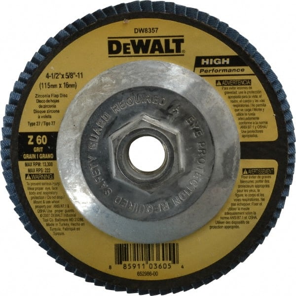 DeWALT - 60 Grit, 4-1/2" Disc Diam, 5/8-11 Center Hole, Type 27 Zirconia Alumina Flap Disc - 13,300 Max RPM, Fiberglass Backing, Arbor Attaching System, Coated - Exact Tooling