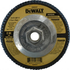 DeWALT - 60 Grit, 4-1/2" Disc Diam, 5/8-11 Center Hole, Type 27 Zirconia Alumina Flap Disc - 13,300 Max RPM, Fiberglass Backing, Arbor Attaching System, Coated - Exact Tooling