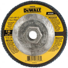 DeWALT - 80 Grit, 4-1/2" Disc Diam, 5/8-11 Center Hole, Type 27 Zirconia Alumina Flap Disc - 13,300 Max RPM, Fiberglass Backing, Arbor Attaching System, Coated - Exact Tooling