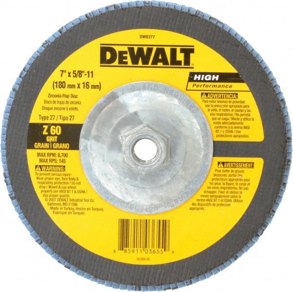 DeWALT - 60 Grit, 7" Disc Diam, 5/8-11 Center Hole, Type 27 Zirconia Alumina Flap Disc - 8,700 Max RPM, Fiberglass Backing, Arbor Attaching System, Coated - Exact Tooling