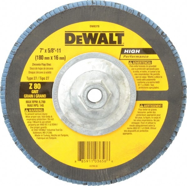 DeWALT - 80 Grit, 7" Disc Diam, 5/8-11 Center Hole, Type 27 Zirconia Alumina Flap Disc - 8,700 Max RPM, Fiberglass Backing, Arbor Attaching System, Coated - Exact Tooling