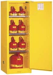 Justrite - 1 Door, 3 Shelf, Yellow Steel Space Saver Safety Cabinet for Flammable and Combustible Liquids - 65" High x 23-1/4" Wide x 18" Deep, Self Closing Door, 22 Gal Capacity - Exact Tooling