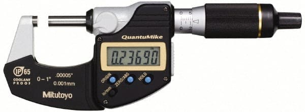 Mitutoyo - 0.001 mm Resolution, Standard Throat, Electronic Outside Micrometer - Includes Stand - Exact Tooling