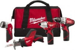 Milwaukee Tool - 12 Volt Cordless Tool Combination Kit - Includes 3/8" Drill/Driver, Reciprocating Saw, 1/4" Hex Impact Driver & Work Light, Lithium-Ion Battery Not Included - Exact Tooling