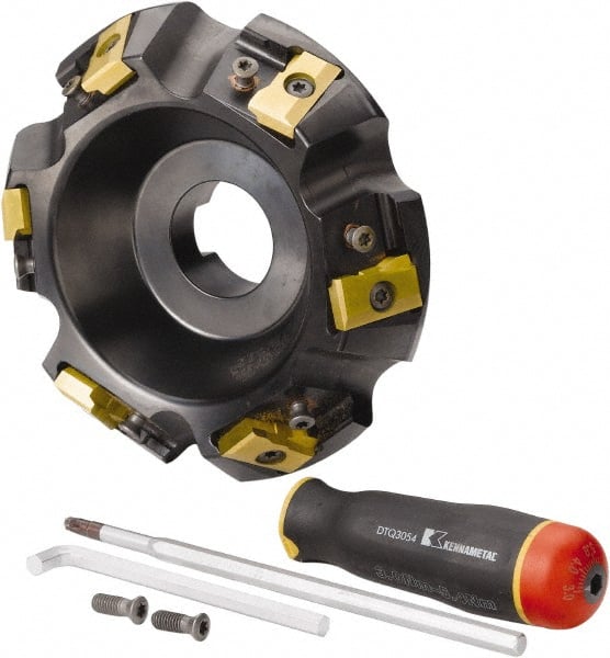 Kennametal - 5" Cut Diam, 1-1/2" Arbor Hole, 21.41mm Max Depth of Cut, 30° Indexable Chamfer & Angle Face Mill - 6 Inserts, LN.U 2210... Insert, Right Hand Cut, 6 Flutes, Series MEGA60 - Exact Tooling