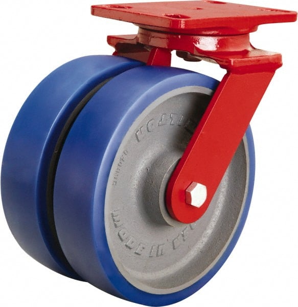 Hamilton - 8" Diam x 2" Wide x 9-3/4" OAH Top Plate Mount Swivel Caster - Polyurethane Mold onto Cast Iron Center, 2,400 Lb Capacity, Sealed Precision Ball Bearing, 4-1/2 x 6-1/2" Plate - Exact Tooling