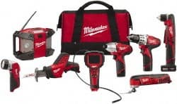 Milwaukee Tool - 12 Volt Cordless Tool Combination Kit - Includes 3/8" Drill/Driver, 3/8" Right Angle Drill Driver, Reciprocating Saw, Multi-Tool, 1/4" Hex Impact Driver & Radio, Lithium-Ion Battery Not Included - Exact Tooling