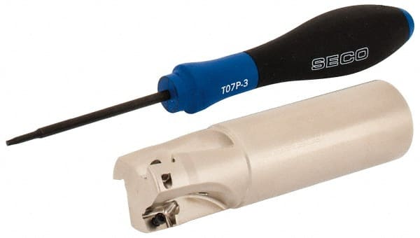 Seco - 1" Cut Diam, 0.354" Max Depth of Cut, 1" Shank Diam, 3.78" OAL, Indexable Square Shoulder End Mill - XO.X 10T3.. Inserts, Weldon Shank, 90° Lead Angle, Through Coolant, Series Turbo 10 - Exact Tooling