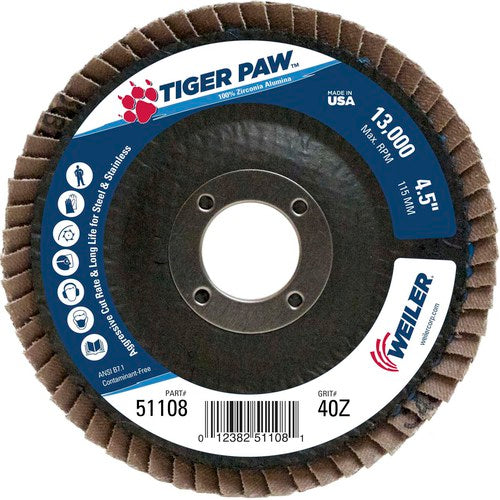 4 1/2″ × 7/8″-40 Grit - T27 Tiger Paw Zirc Flap Disc Phenolic Back - Exact Tooling