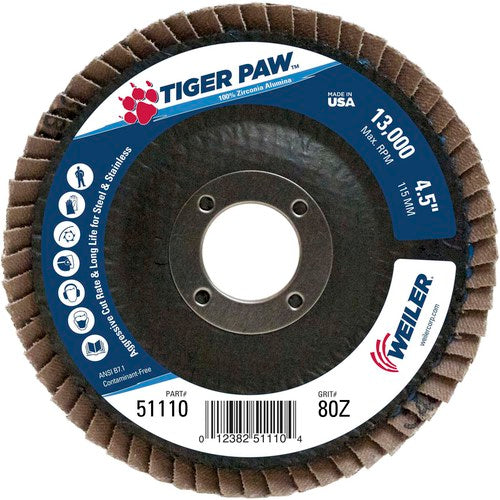 4 1/2″ × 7/8″-80 Grit -á T27 Tiger Paw Zirc Flap Disc Phenolic Back - Exact Tooling