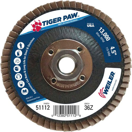 4 1/2″ × 5/8″-11-36 Grit - T27 Tiger Paw Zirc Flap Disc Phenolic Back - Exact Tooling