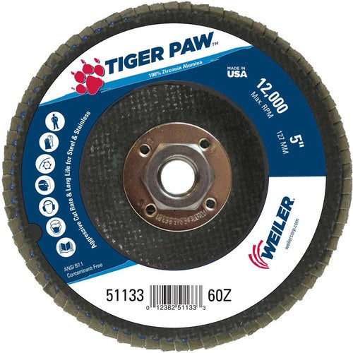 5″ Tiger Paw Abrasive Flap Disc, Flat, Phenolic Backing, 60Z, 5/8″-11 Arbor Hole - Exact Tooling
